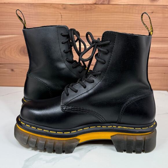 Dr. Martens Audrick Boot Black Leather Yellow Stitch Platform Women's size 8 - Picture 10 of 16